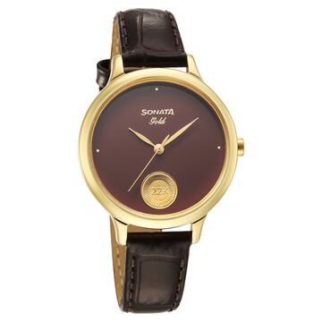Sonata Gold Quartz Analog Regal Maroon With Gold Coin Dial Brown Leather Strap Watch For Women