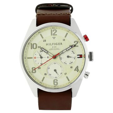 Tommy Hilfiger Quartz Multifunction Off White Dial Leather Strap Watch for Men