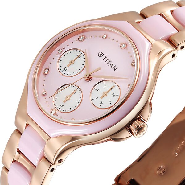 Titan Glamour Quartz Multifunction Mother Of Pearl Dial Pink Ceramic & Steel Strap Watch For Women - image number 3