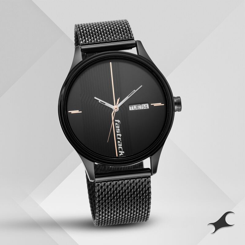 Fastrack Style Up Quartz Analog with Day and Date Black Dial Stainless Steel Strap Watch for Guys - image number 0