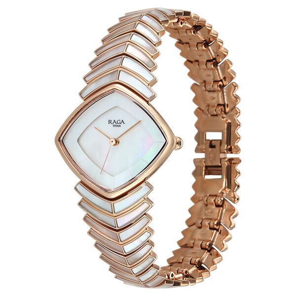 Titan Raga Chic Glam Quartz Analog Mother Of Pearl Dial Rose Gold Metal Strap Watch For Women - image number 2