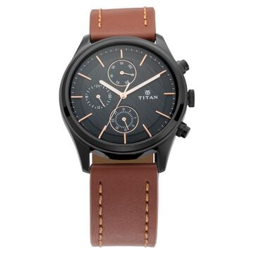 Titan Men's Metropolitan Charm: Men's Multifunctional Black Watch with Leather Strap