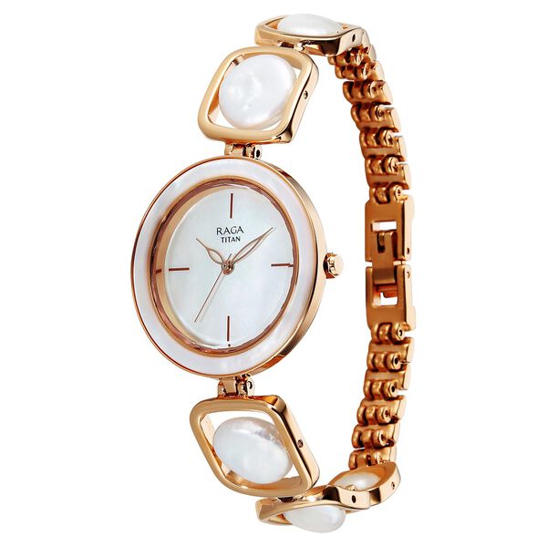 Titan Raga Power Pearls Quartz Analog Mother of Pearl Dial Rose Gold Metal Strap Watch For Women - image number 2