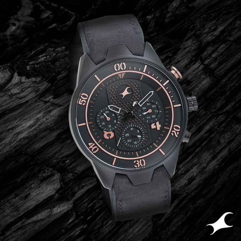 Fastrack All Nighters Quartz Multifunction Black Dial Leather Strap Watch for Guys