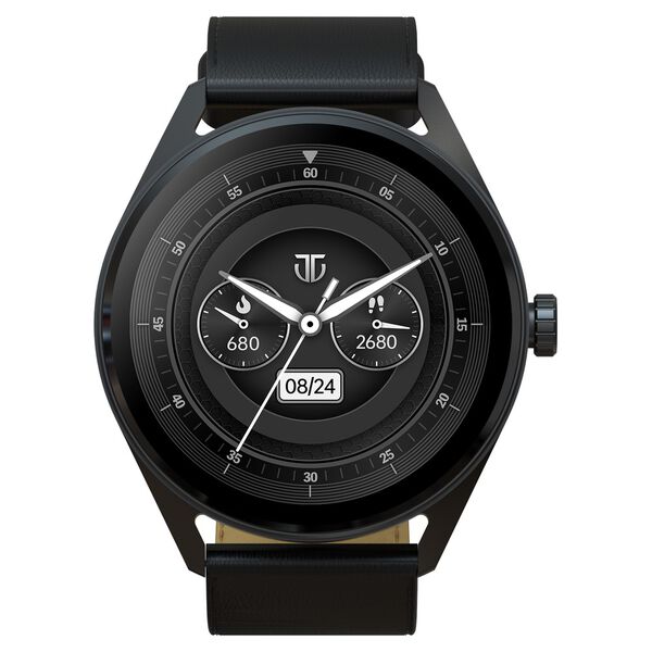 Titan Crest with 3.63 cm AMOLED Display with AOD, Functional Crown, BT Calling Smartwatch with Black Leather Strap - image number 0