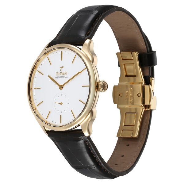 Titan 40 years Slim Mechanical White Dial 18 KT Gold Case With Leather Strap Watch For Women - image number 4