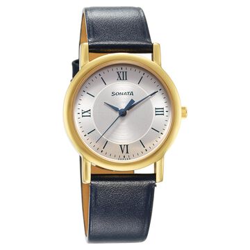 Sonata Classic Quartz Analog Silver Dial Blue Leather Strap Watch for Men