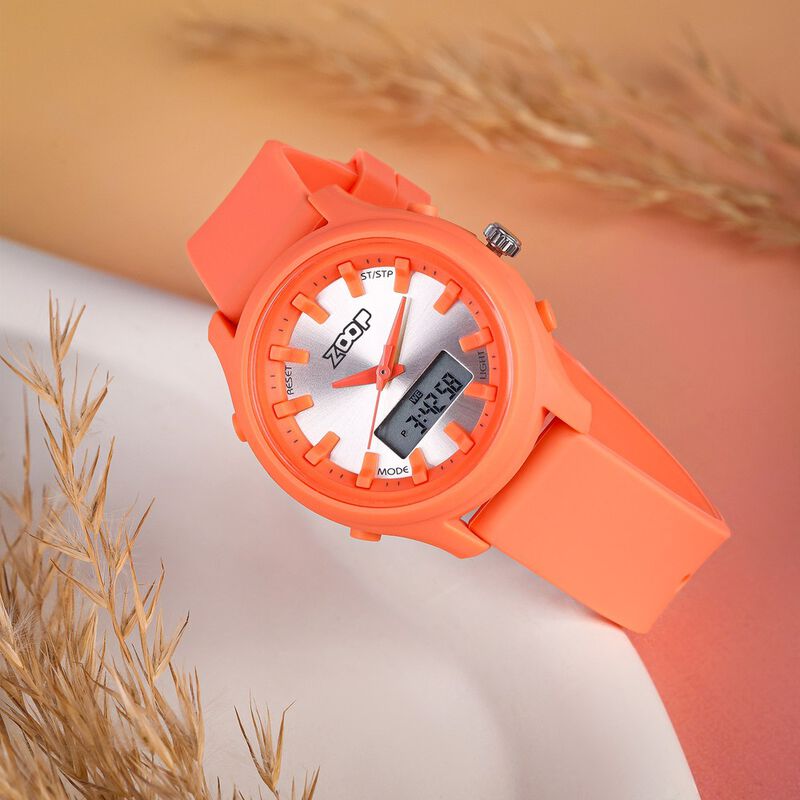 Zoop Ana-Digi Watch with Silver Dial & Orange Strap for Girls Kids, from House of Titan