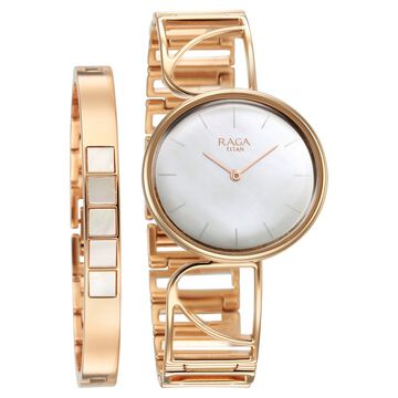 Titan Raga Power Pearls Quartz Analog Mother of Pearl Dial Rose Gold Metal Strap Oval Shaped Watch For Women