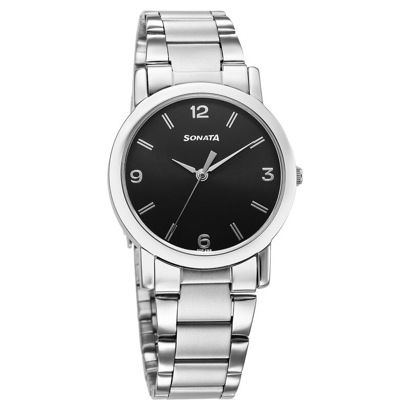 Sonata Classic Quartz Analog Black Dial Silver Stainless Steel Strap Watch for Men - image number 0