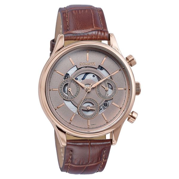 Sonata Wedding Edit Quartz Multifunction Pink Dial Leather Strap Watch For Men - image number 2