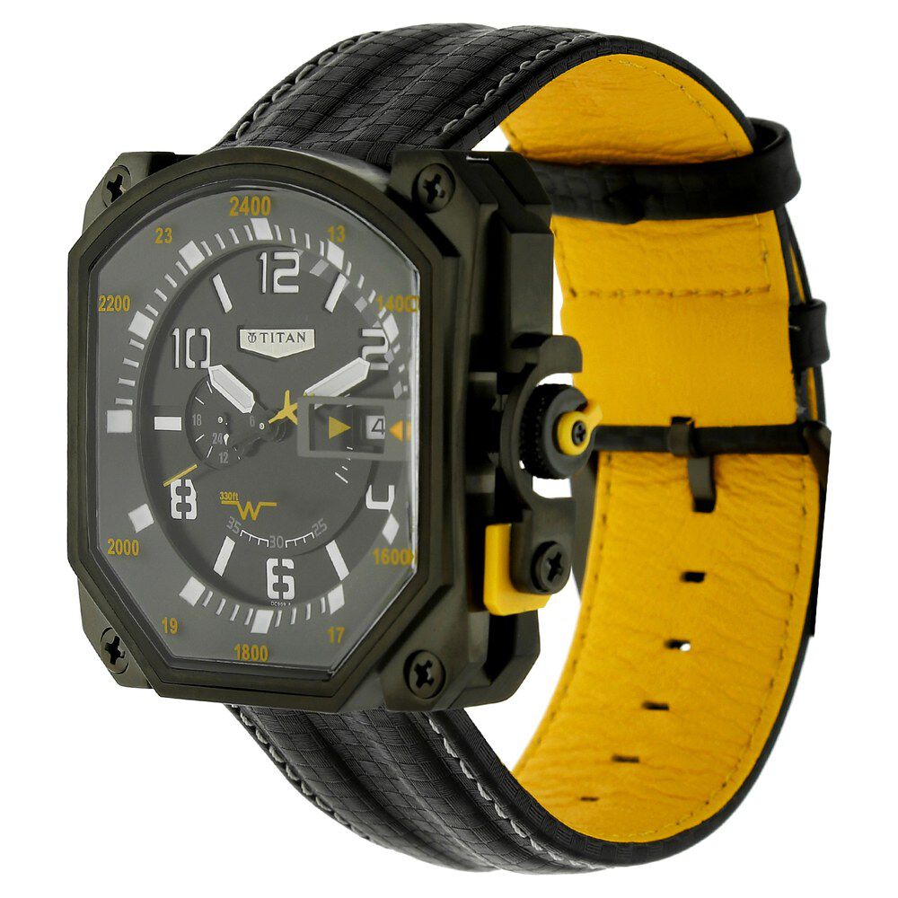 Titan Squadron Black Dial Quartz Multifunction Leather Strap Watch for Men