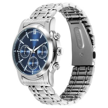 Sonata Wedding Multifunction Blue Dial Stainless Steel Strap Watch For Men