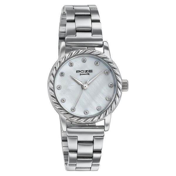 Poze By Sonata Quartz Analog White Mother of Pearl Dial Silver Metal Strap Watch For Women - image number 2