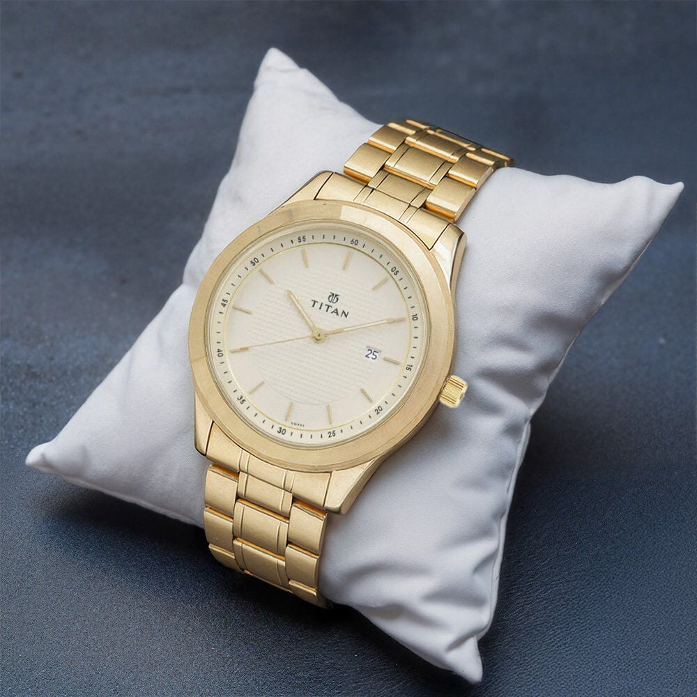 Titan Quartz Analog with Date Champagne Round Dial Golden Stainless Steel Strap Watch For Men-image-41