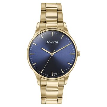Sonata Quartz Analog Blue Dial Golden Stainless Steel Strap Watch For Men