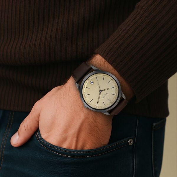 Titan Men's Timeless Style Watch: Refined Gold Dial and Leather Strap - image number 6
