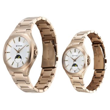 Titan Bandhan Quartz Analog With Sun - Moon Silver Dial Rose Gold Stainless Steel Strap Watch For Couple