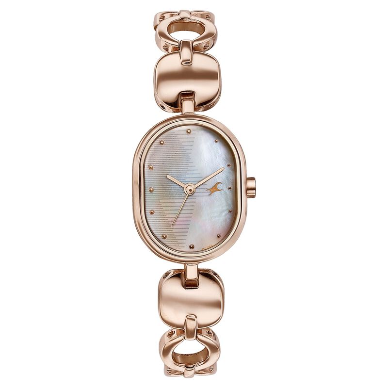 Fastrack Style Up Quartz Analog Mother Of Pearl Dial Rose Gold Metal Strap Watch For Girls