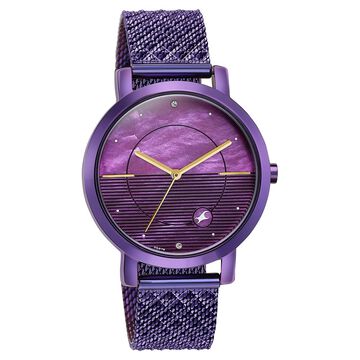 Fastrack Style Up Quartz Analog Purple Mother Of Pearl Dial Purple Stainless Steel Strap Watch For Girls