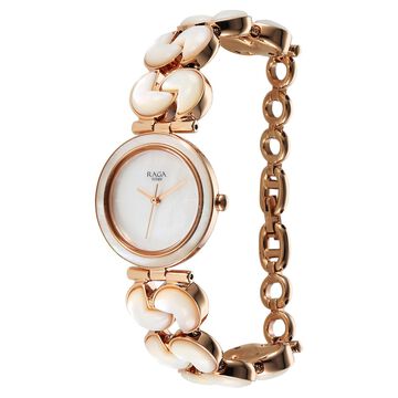 Titan Raga Power Pearls Quartz Analog Mother of Pearl Round Dial Rose Gold Metal Strap Watch For Women