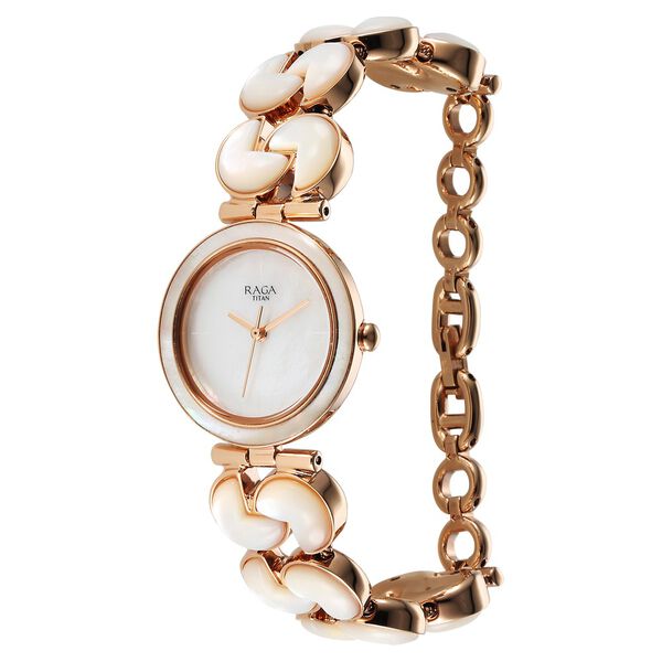 Titan Raga Power Pearls Quartz Analog Mother of Pearl Round Dial Rose Gold Metal Strap Watch For Women - image number 3