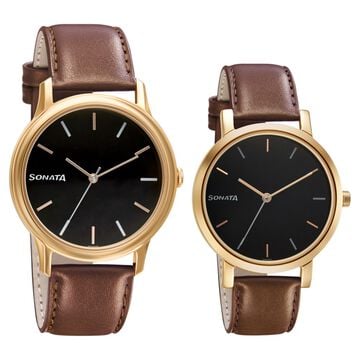 Sonata Quartz Analog Black Dial Leather Strap Watch for Couple