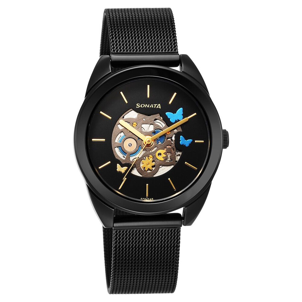Sonata Unveil Quartz Multifunction Black Dial Stainless Steel Strap Watch for Women-picture-35