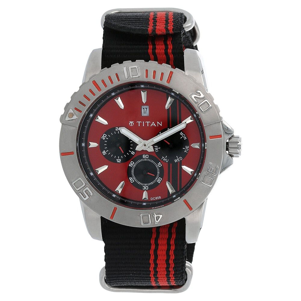 Buy Online Titan Quartz Analog Red Dial Nylon Strap Watch for Men 9490sp02j Titan
