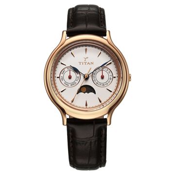 Titan 40 years Quartz Multifunction with Moon Phase Silver Dial Brown Leather Strap Watch For Women