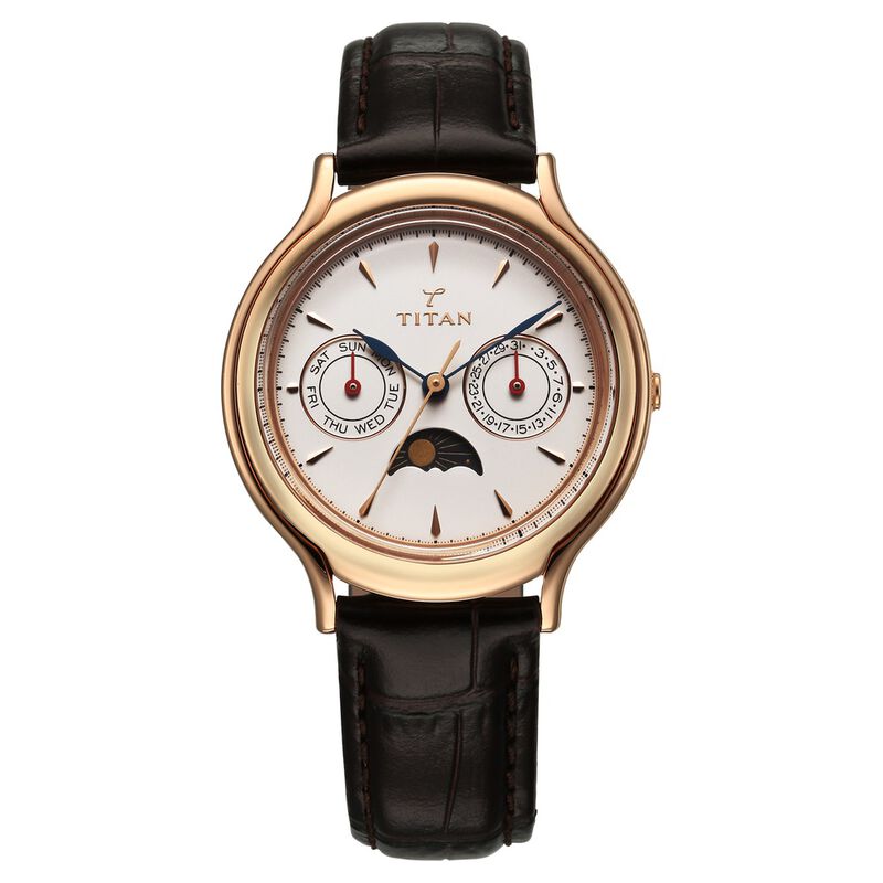 Titan 40 years Quartz Multifunction with Moon Phase Silver Dial Brown Leather Strap Watch For Women