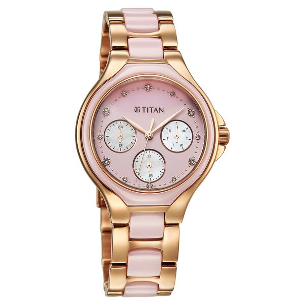 Titan Glamour Quartz Multifunction Mother Of Pearl Dial Pink Ceramic & Steel Strap Watch For Women - image number 1