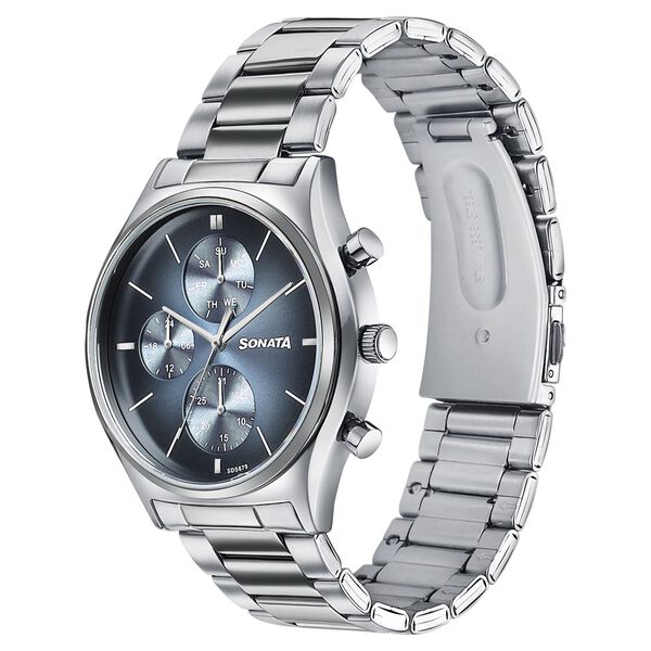 Sonata Festive Quartz Multifunction Blue Dial Silver Metal Strap Watch For Men - image number 2