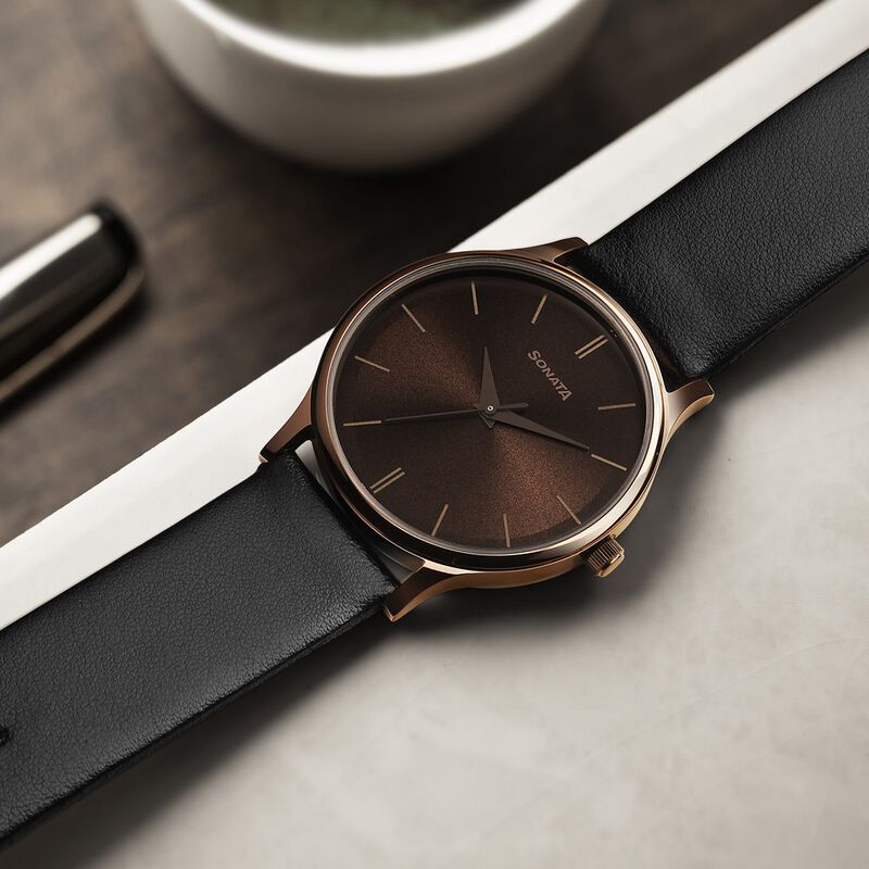Sonata Aspire Quartz Analog Brown Dial Leather Strap Watch for Men