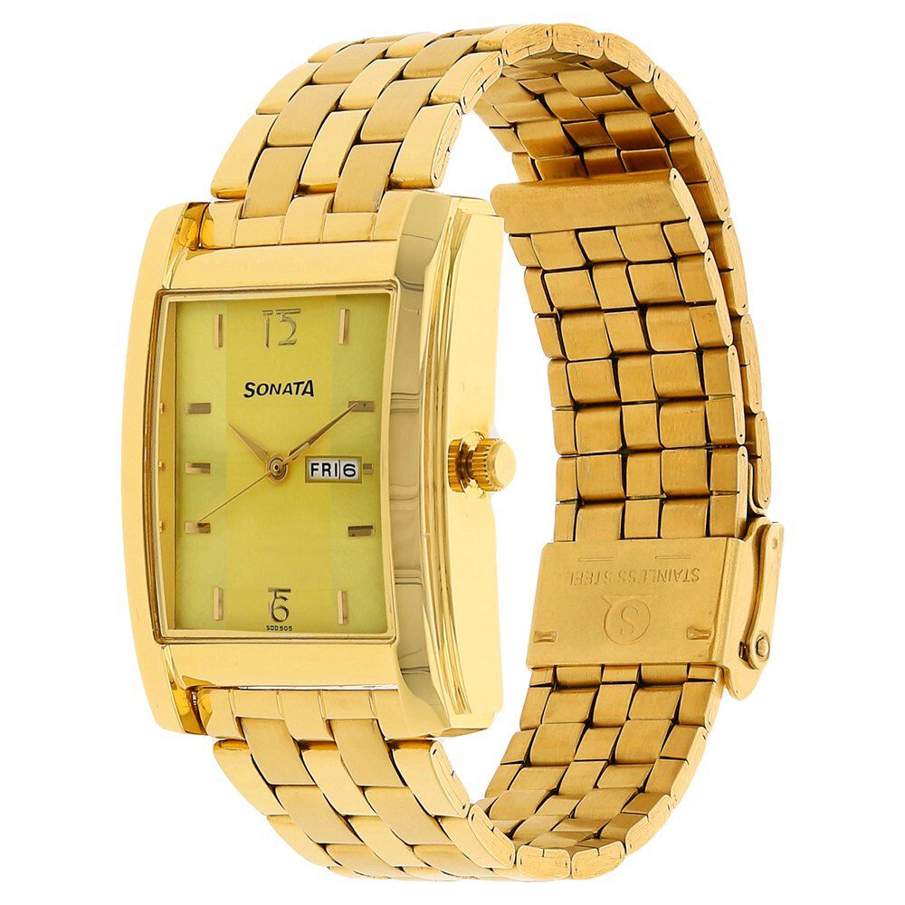 Buy Online Sonata Quartz Analog with Day and Date Champagne Dial Stainless Steel Strap Watch for Men 7953ym04j p Titan