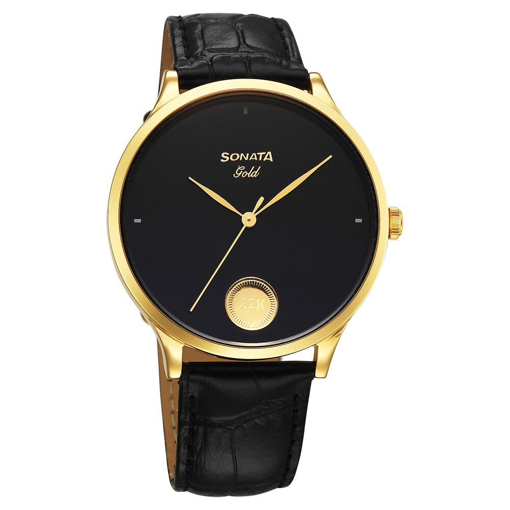 Sonata Gold Quartz Analog Watch for Men with Black Dial Leather Strap With An Eye-Catching Gold Coin on Dial-picture-25