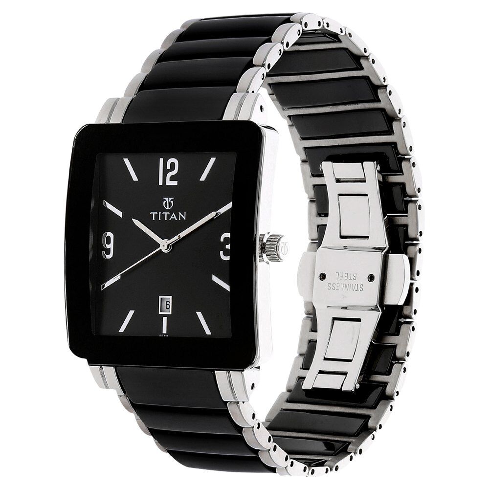 Buy Online Titan Analog with Date Black Dial Stainless Steel and Ceramic Strap Watch for Men nl90013sd02 Titan