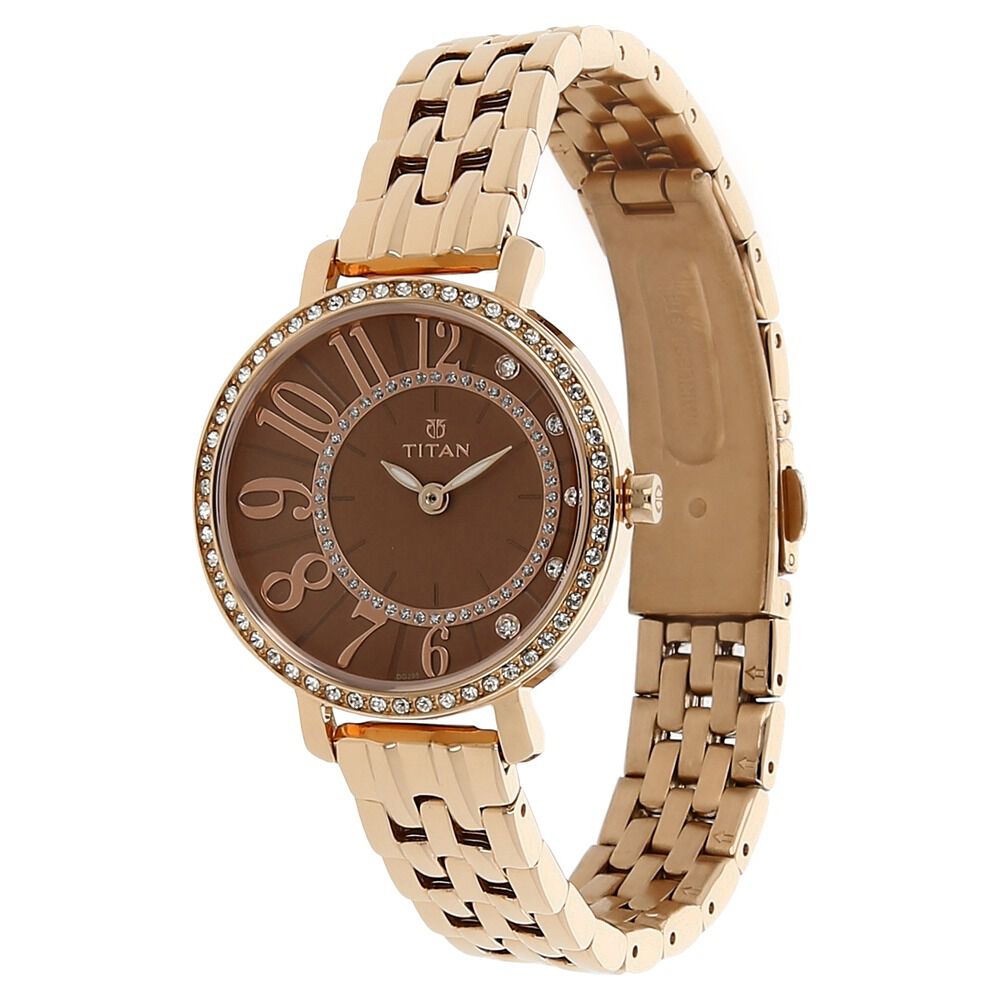 Titan Quartz Analog Brown Dial Stainless Steel Strap Watch for Women