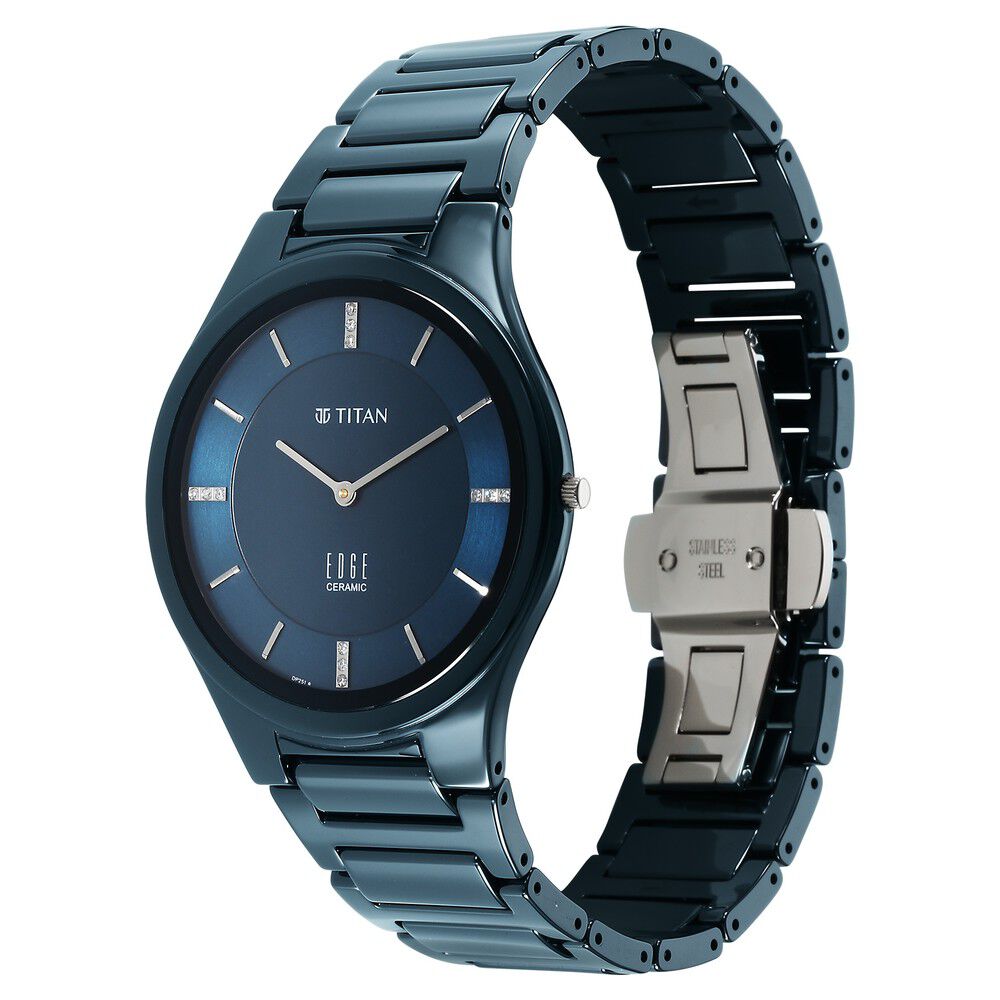 Buy Online Titan Edge Ceramic Slim Ceramic Strap Blue Dial With Diamonds Analog Watch for Men 1696qc09 Titan