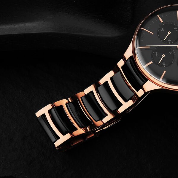 Titan Ceramic Fusion Quartz Multifunction Black Dial Rose Gold Dual-Toned Stainless Steel Bracelet Watch for Men - image number 1