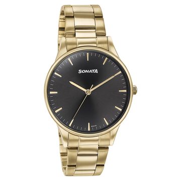 Sonata Quartz Analog Black Dial Golden Stainless Steel Strap Watch For Men
