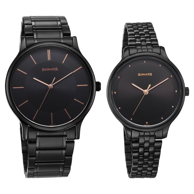 Sonata Pair Quartz Analog Black Dial Stainless Steel Strap Watch for Couple