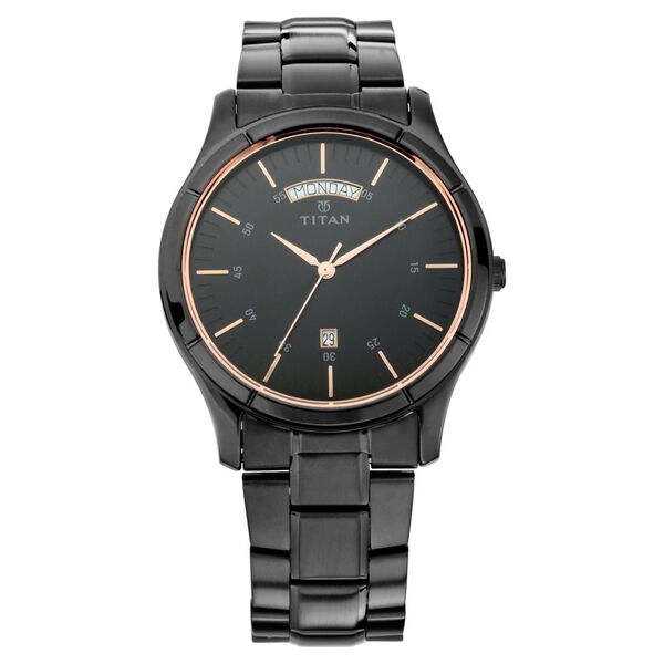 Titan Quartz Analog with Day and Date Black Dial Black Stainless Steel Strap Watch For Men - image number 1