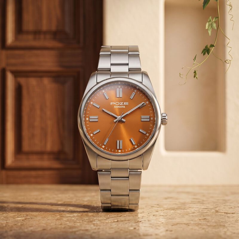 Poze Poze Quartz Analog Brown Dial Silver Metal Strap Watch For Men