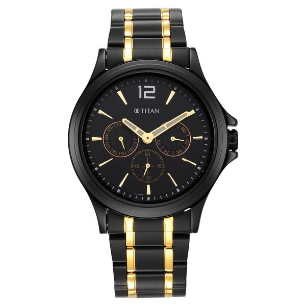 Titan Black and Gold Black Dial Quartz Multifunction Stainless Steel Strap watch for Men - image number 2