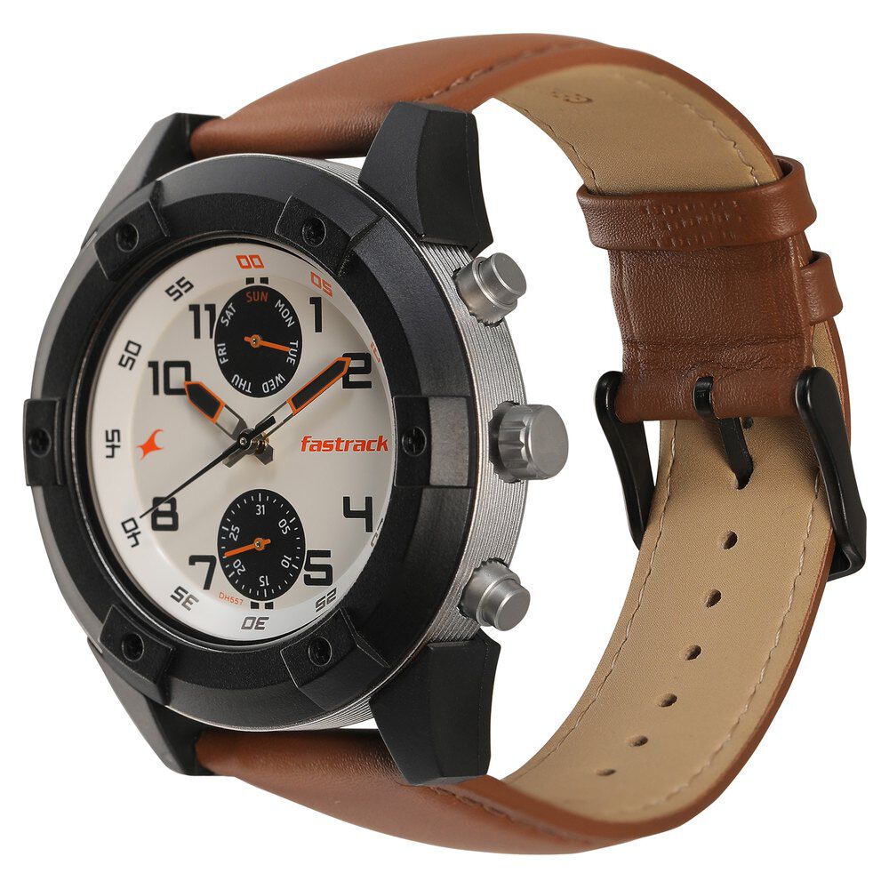 Buy Online Fastrack Quartz Analog White Dial Leather Strap Watch