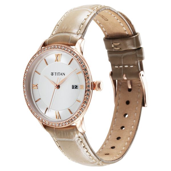 Titan Bright Leathers Silver Dial Analog with Date Leather Strap Watch for Women - image number 2