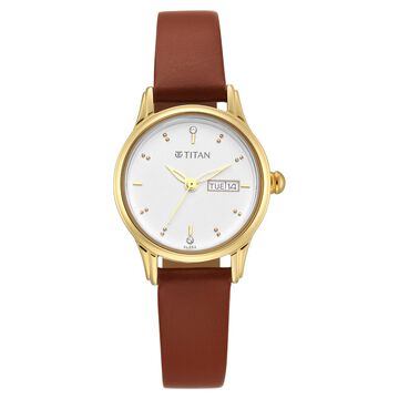 Titan Lagan White Dial Analog with Day and Date Leather Strap Watch for Women - 25 mm Dial Size - Small Dial