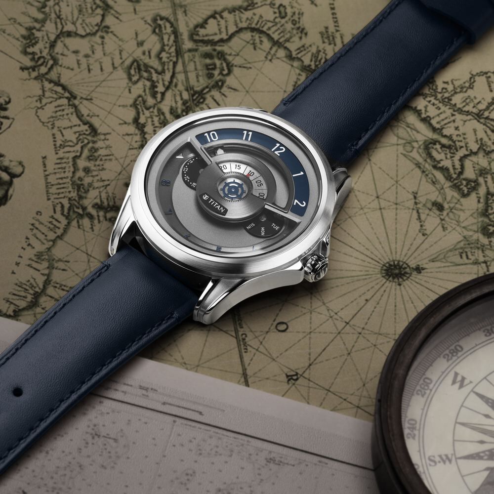 Titan Maritime Anthracite Dial Quartz Multifunction Leather Strap Watch for Men
