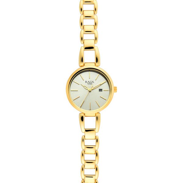 Titan Raga Viva Golden Dial Analog with Date Metal Strap Watch for Women - image number 2
